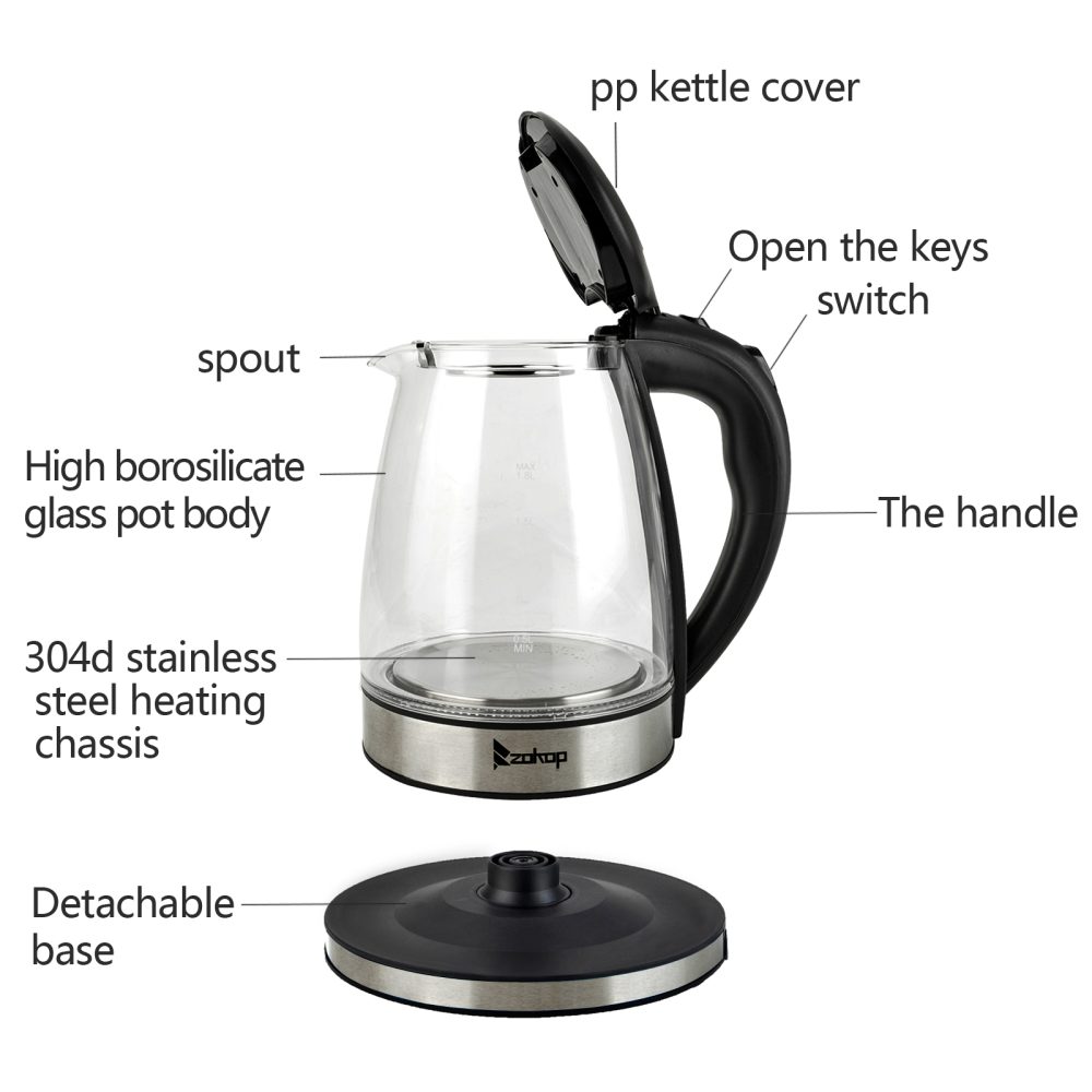 HD-1861-A 110V 1200W 1.8L Electric Glass Kettle US Plug - Image 3